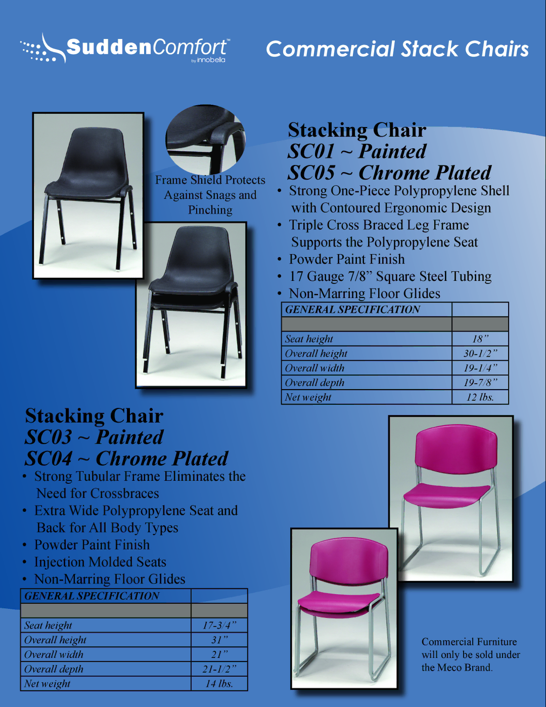 Meco E48 manual Stacking Chair, SC01 ~ Painted SC05 ~ Chrome Plated, SC03 ~ Painted SC04 ~ Chrome Plated 