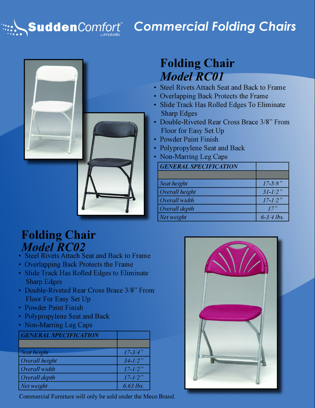 Meco E48 manual Folding Chair, Model RC01, Model RC02 