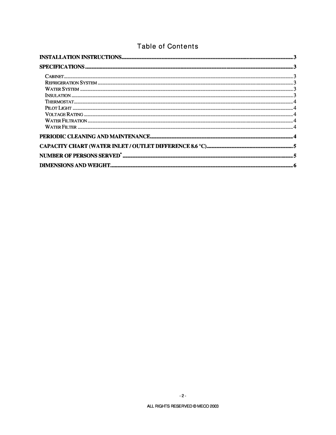 Meco Electric Water Cooler service manual Table of Contents 