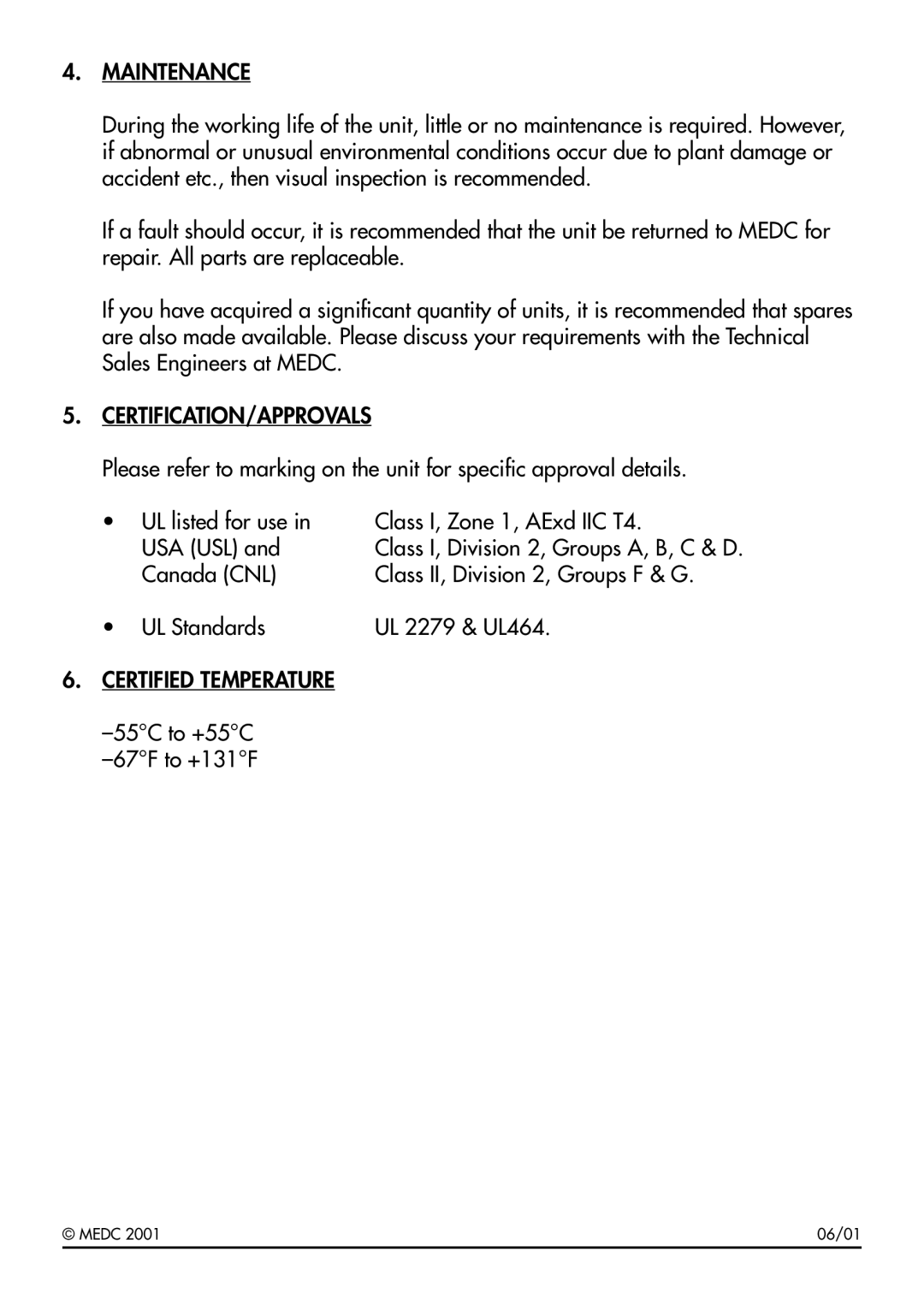 MedCenter DB3 manual Maintenance, Certification/Approvals, Certified Temperature 