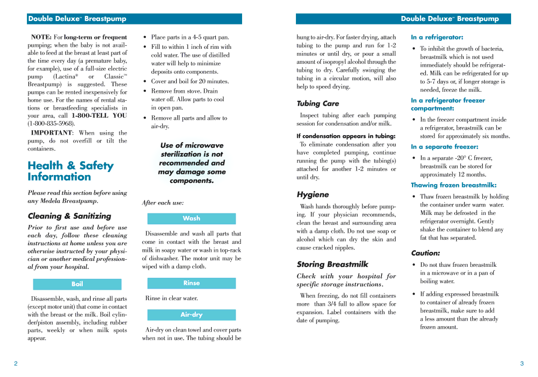 Medela Breastpump manual Health & Safety Information, Cleaning & Sanitizing, Hygiene, Storing Breastmilk, Tubing Care 