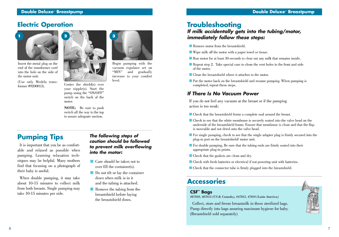 Medela Breastpump manual Troubleshooting, Pumping Tips, Accessories, If There Is No Vacuum Power 