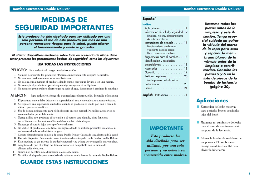 Medela Breastpump Aplicaciones, LEA Todas LAS Instrucciones, Peligro Para reducir el riesgo de electrocución, Español 