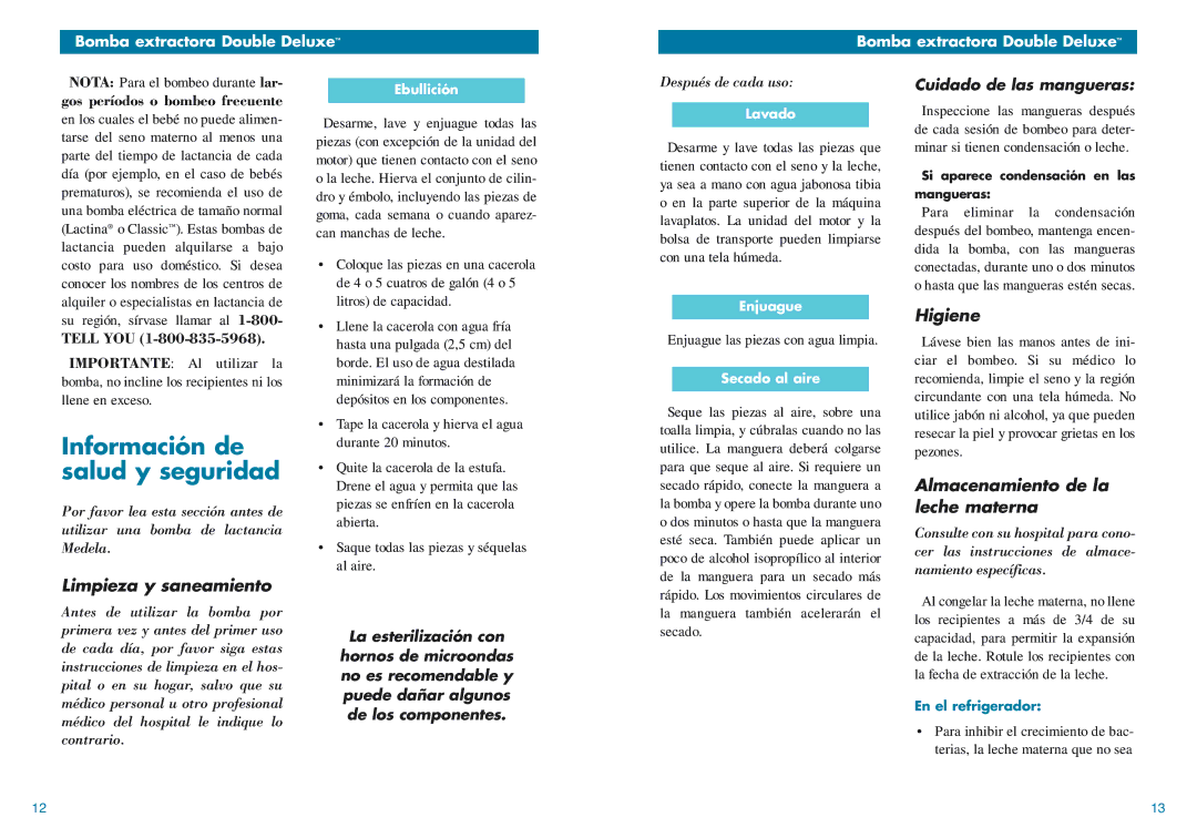 Medela Breastpump Información de salud y seguridad, Limpieza y saneamiento, Higiene, Almacenamiento de la leche materna 