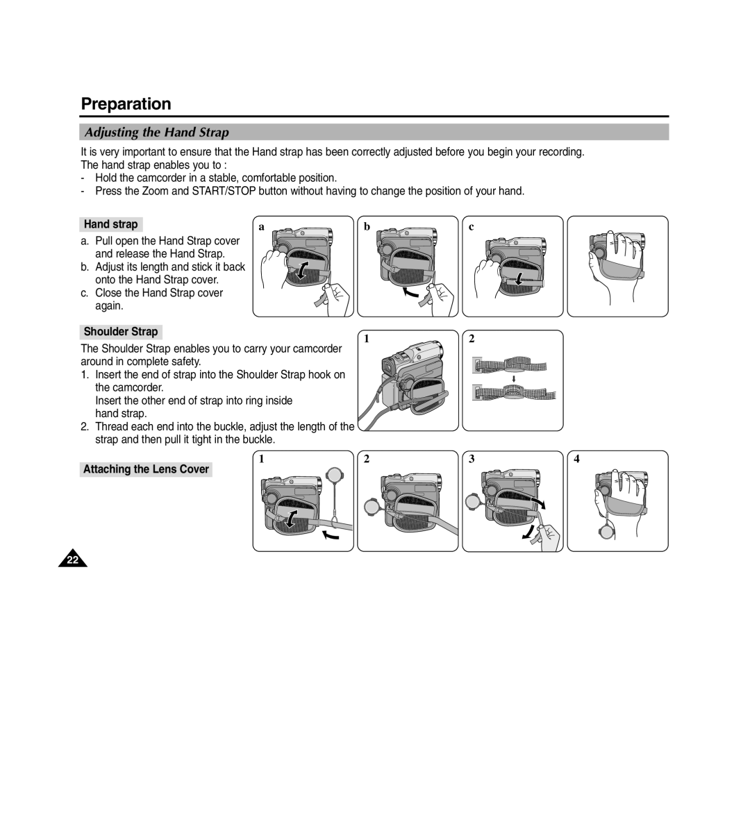 Medion MD80566 manual Adjusting the Hand Strap, Hand strap, Shoulder Strap, Attaching the Lens Cover 