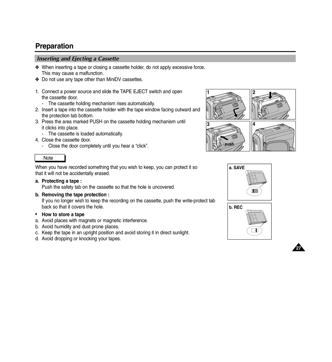 Medion MD80566 Inserting and Ejecting a Cassette, Protecting a tape, Removing the tape protection, How to store a tape 