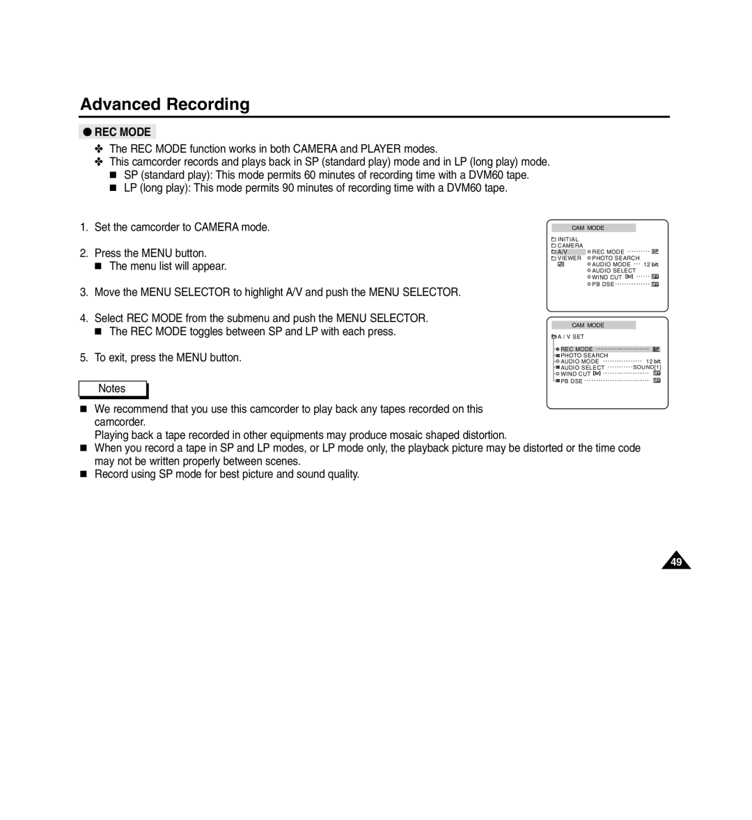 Medion MD80566 manual REC Mode function works in both Camera and Player modes 