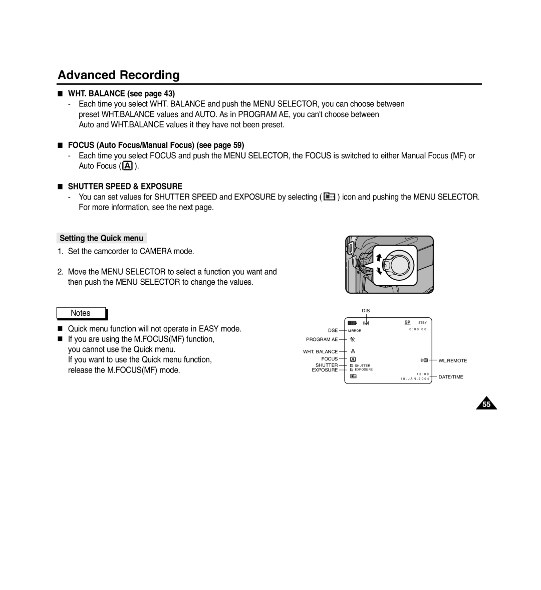 Medion MD80566 manual WHT. Balance see, Focus Auto Focus/Manual Focus see, Shutter Speed & Exposure, Setting the Quick menu 