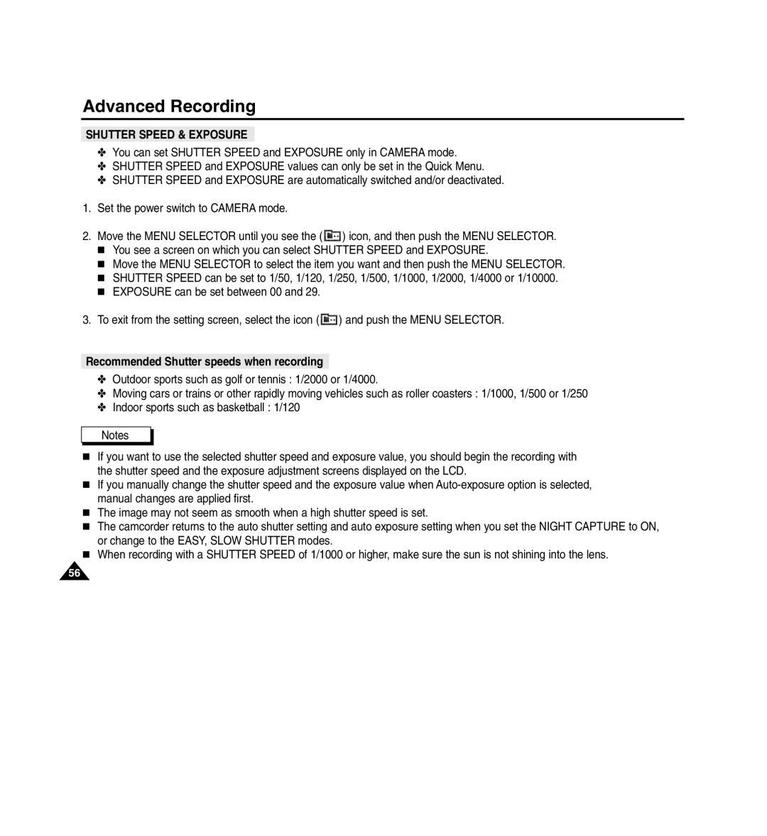 Medion MD80566 manual Recommended Shutter speeds when recording 