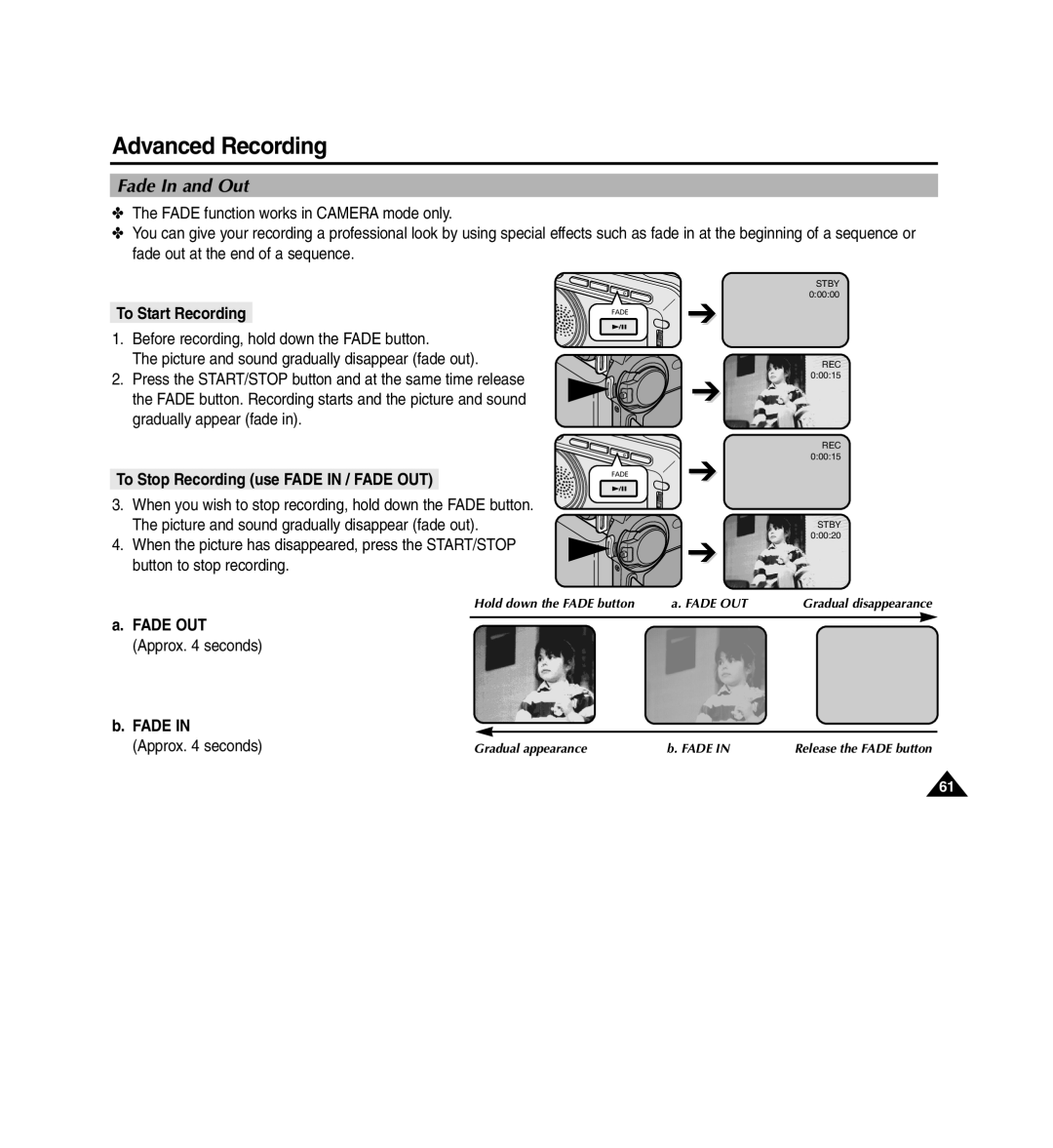 Medion MD80566 manual Fade In and Out, To Start Recording, To Stop Recording use Fade in / Fade OUT 