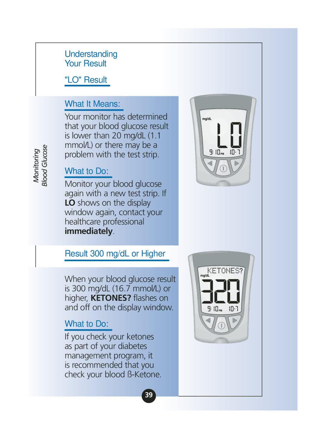 MediSense ART06986 manual Understanding Your Result, LO Result What It Means, Result 300 mg/dL or Higher 