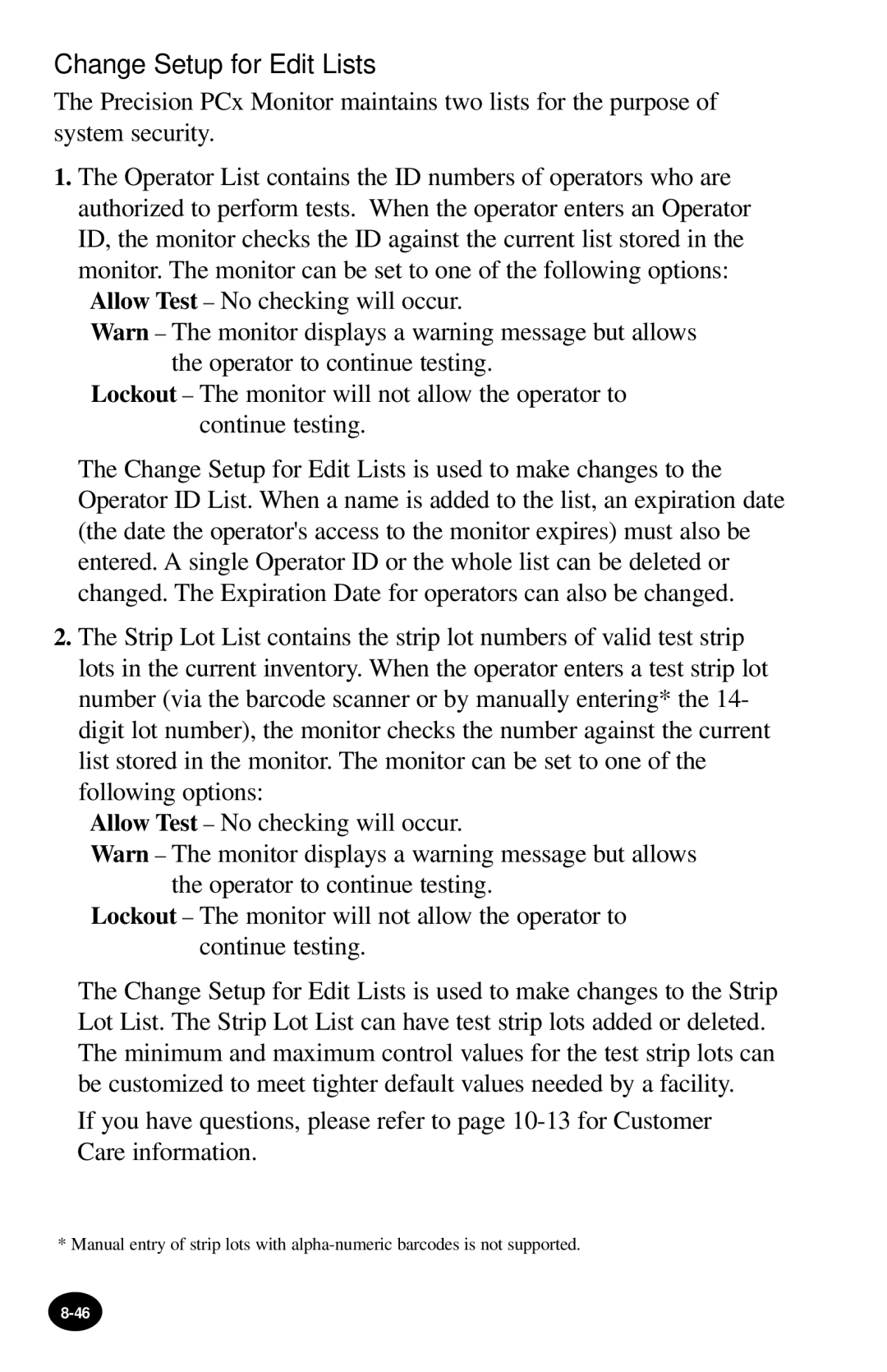 MediSense PCx manual Change Setup for Edit Lists 