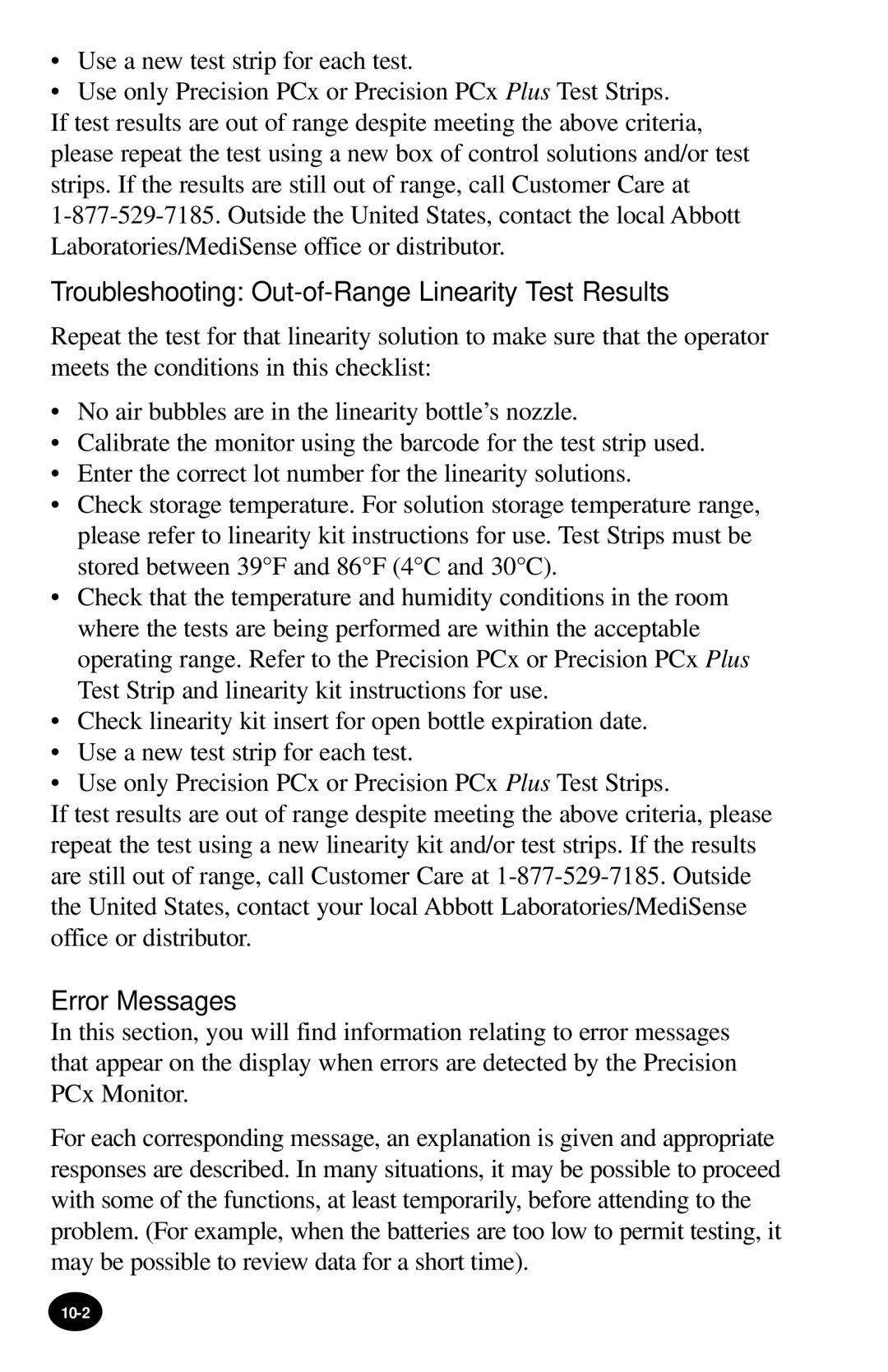 MediSense PCx manual Troubleshooting Out-of-Range Linearity Test Results, Error Messages 