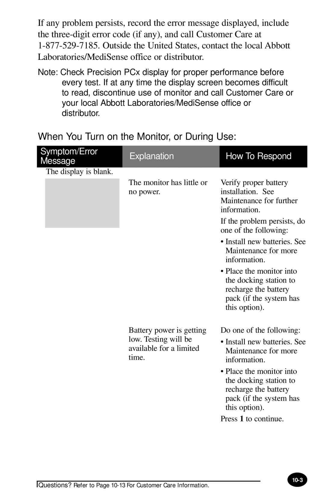 MediSense PCx manual When You Turn on the Monitor, or During Use, Explanation 