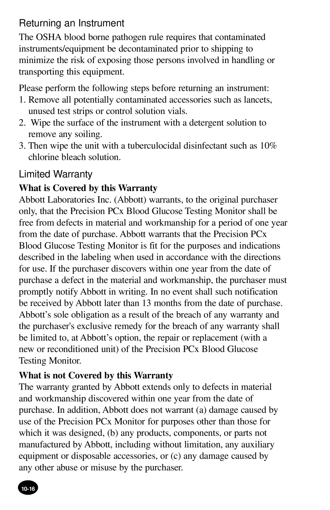 MediSense PCx manual Returning an Instrument, Limited Warranty, What is Covered by this Warranty 