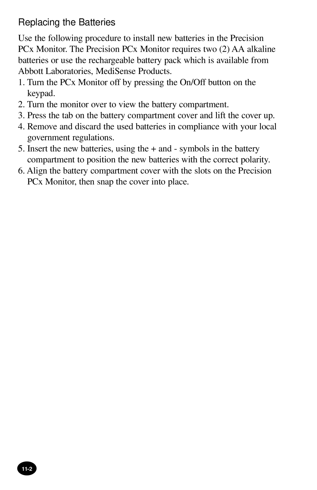 MediSense PCx manual Replacing the Batteries 