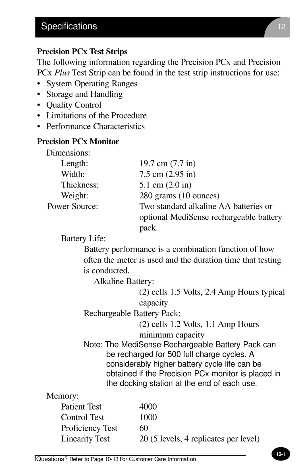 MediSense manual Specifications, Precision PCx Test Strips, Precision PCx Monitor 