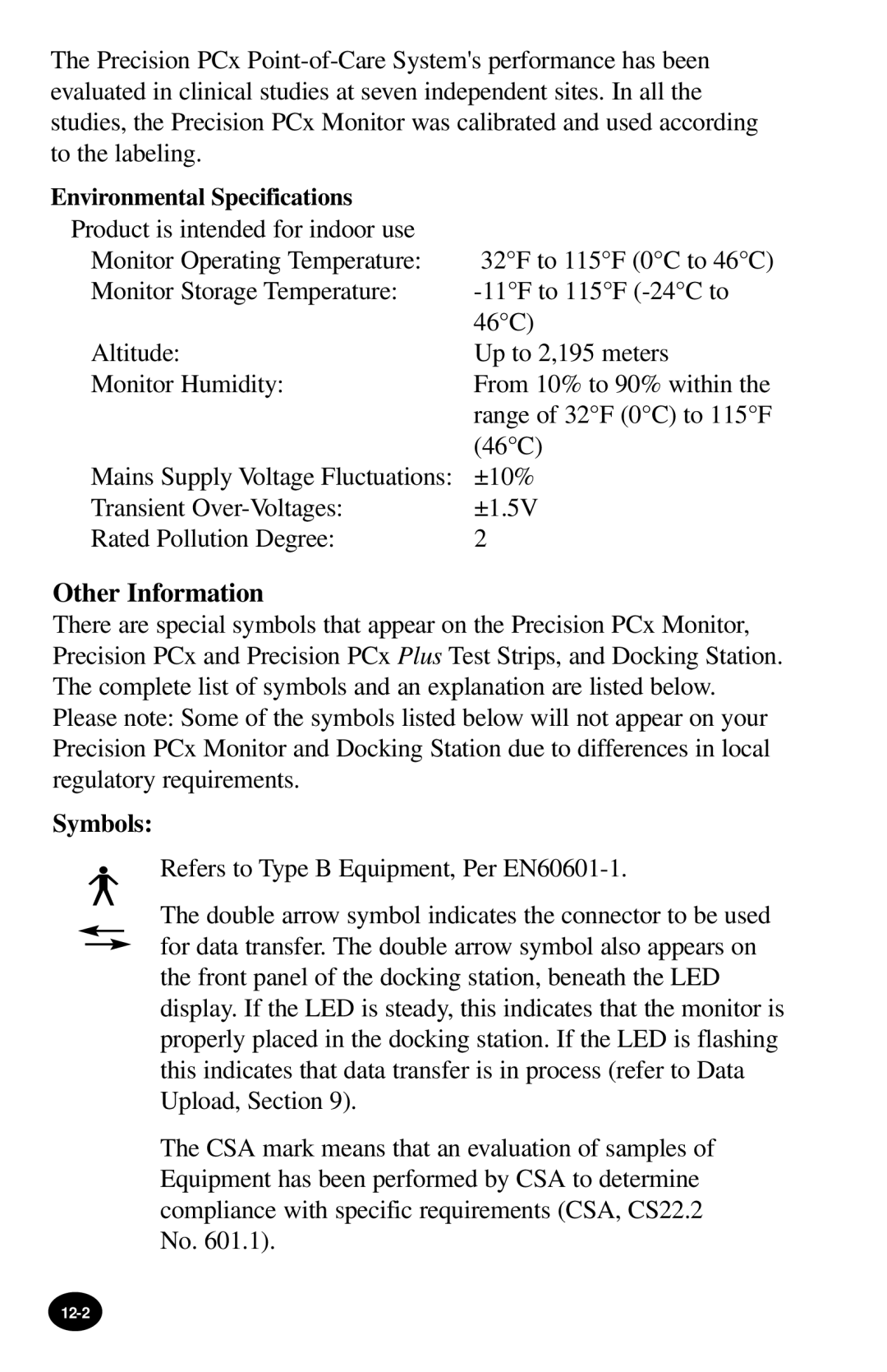 MediSense PCx manual Environmental Specifications, Symbols 