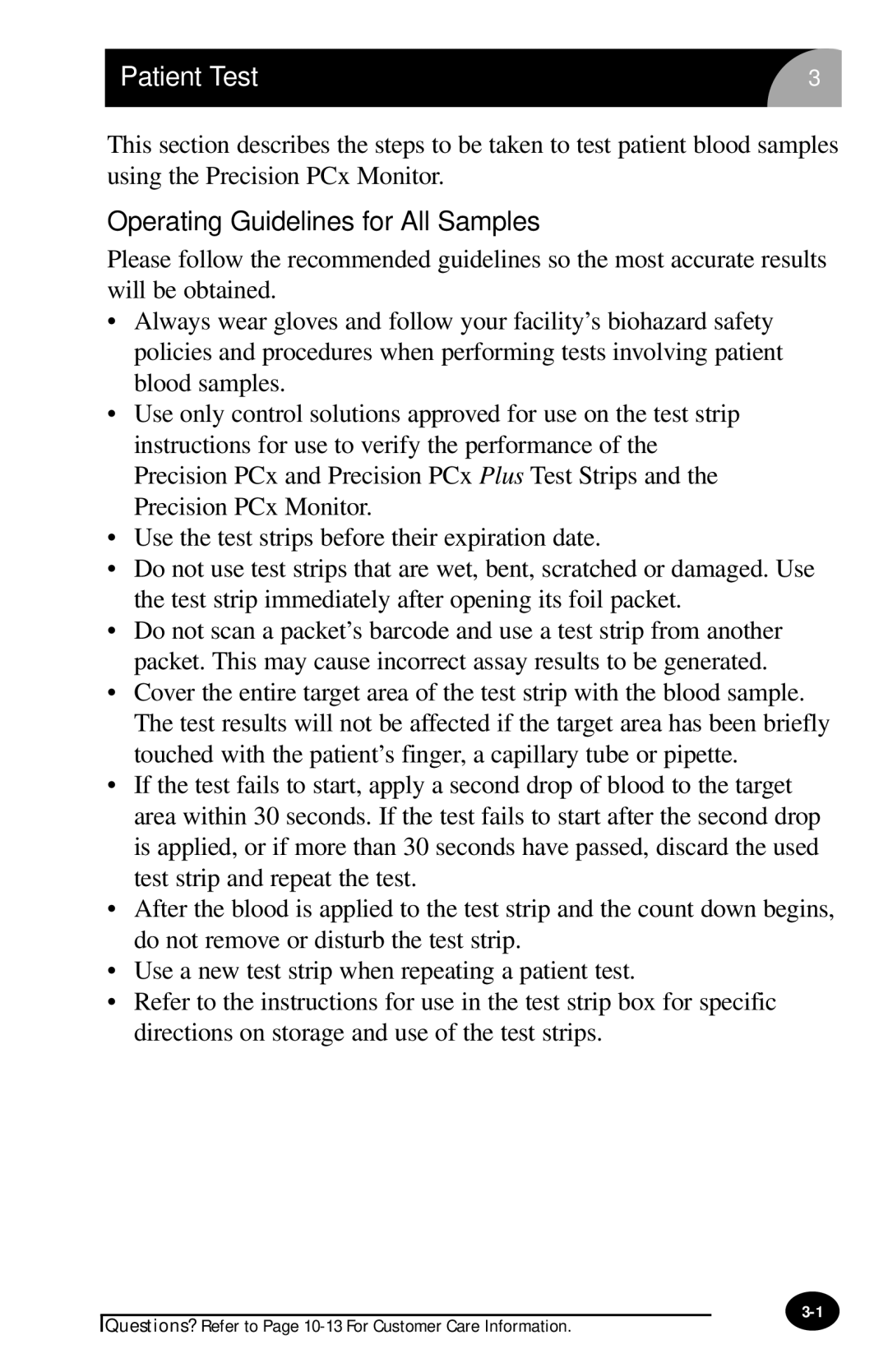 MediSense PCx manual Patient Test, Operating Guidelines for All Samples 