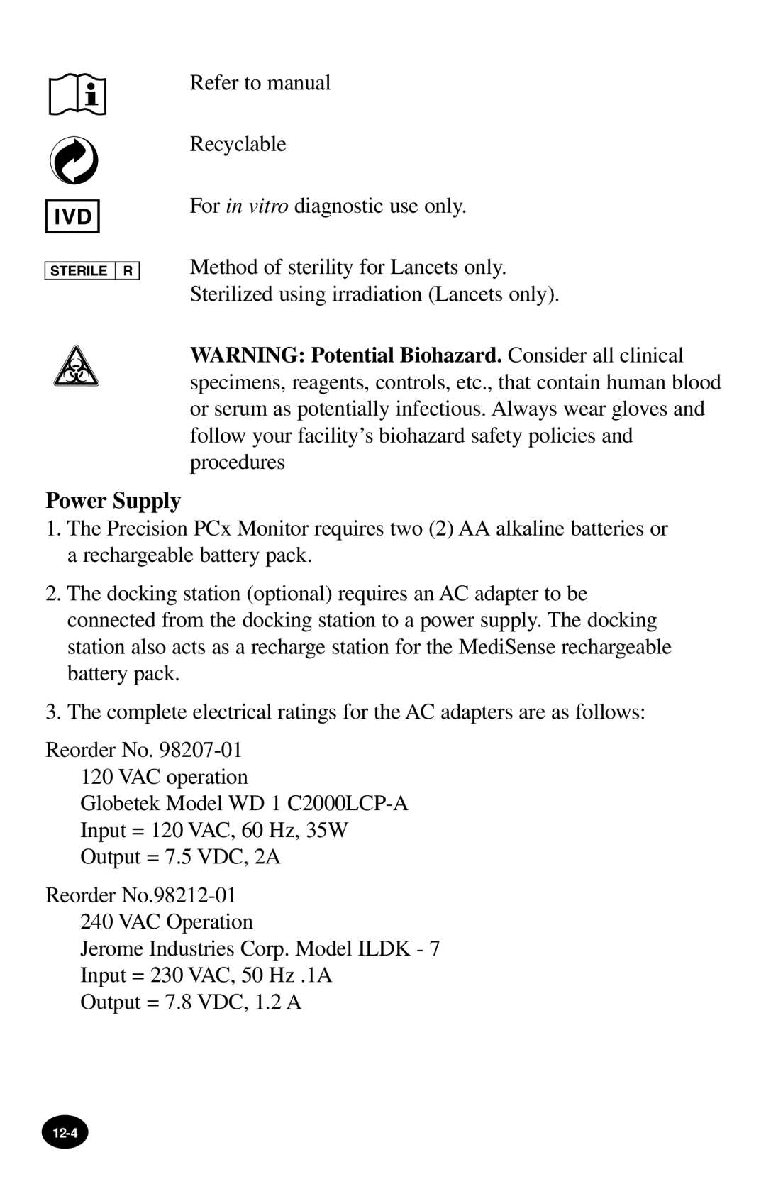 MediSense PCx manual Power Supply 