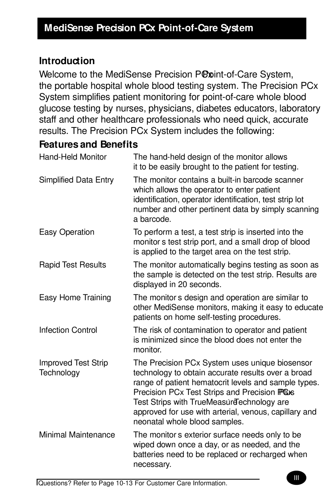 MediSense manual MediSense Precision PCx Point-of-Care System, Introduction, Features and Benefits 