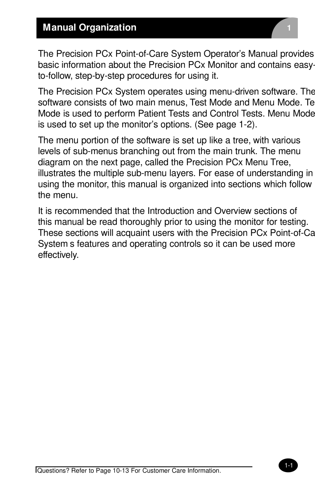 MediSense PCx manual Manual Organization 