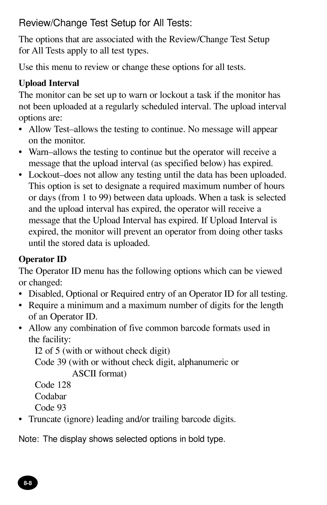 MediSense PCx manual Review/Change Test Setup for All Tests, Upload Interval, Operator ID 