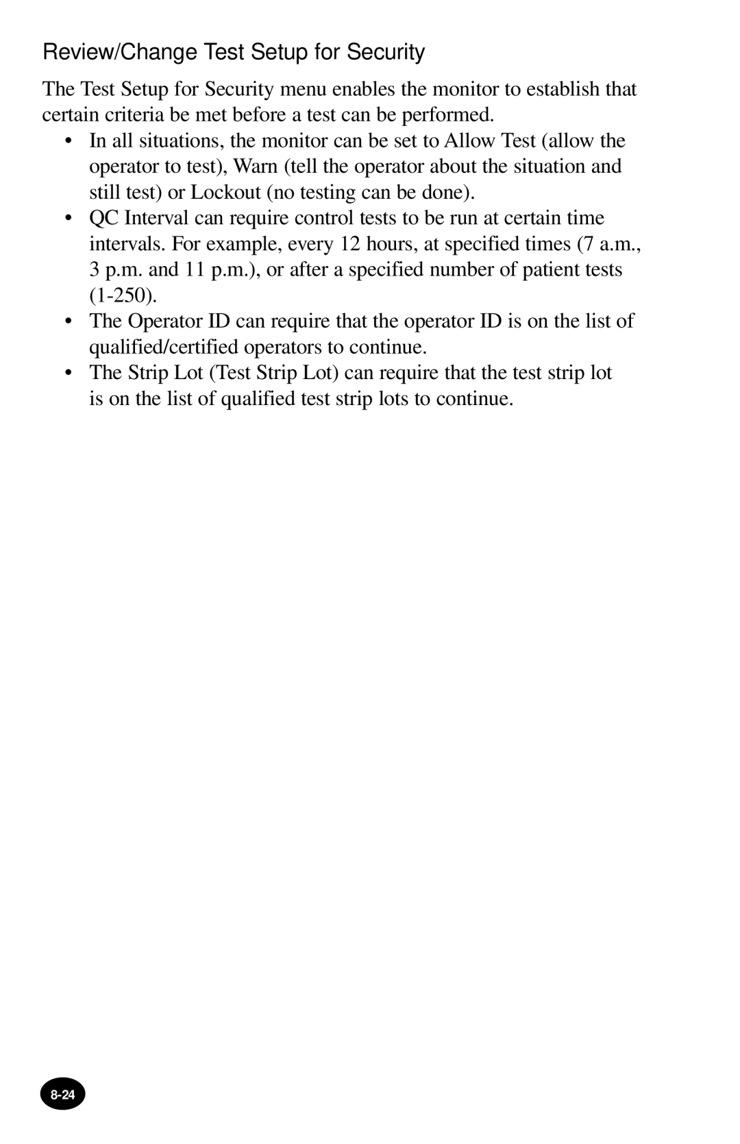 MediSense PCx manual Review/Change Test Setup for Security 