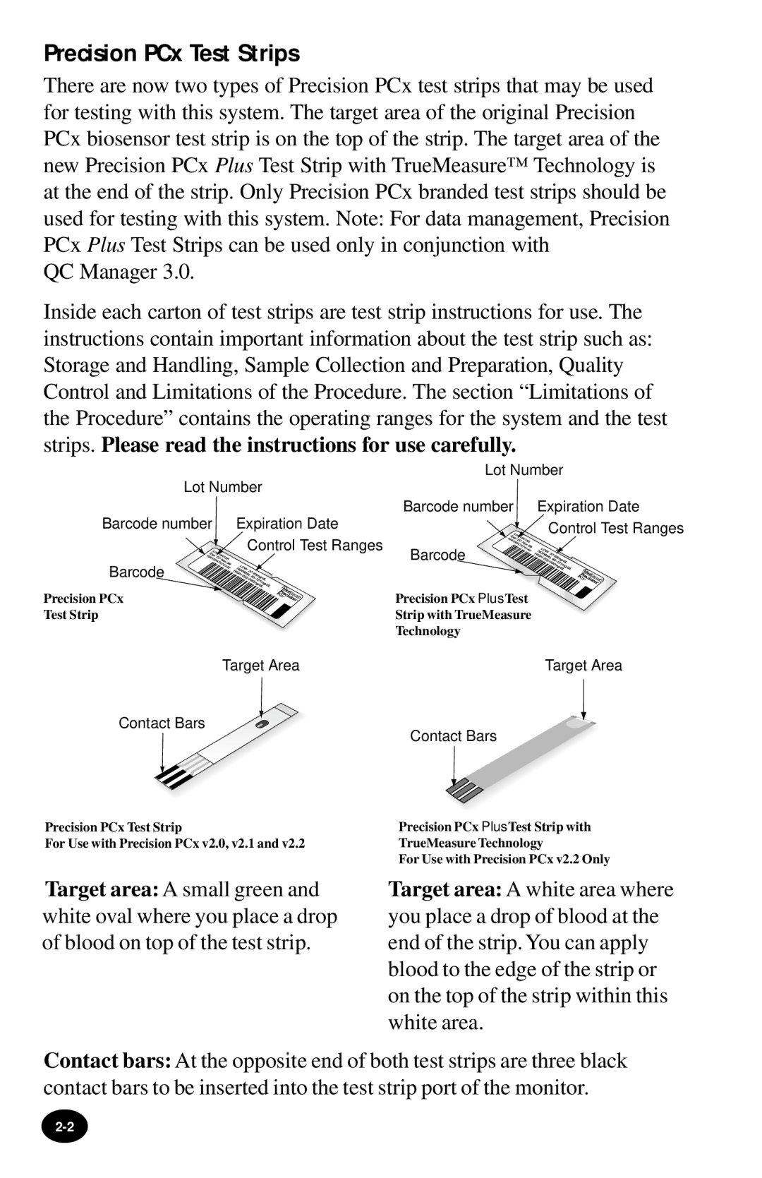 MediSense manual Precision PCx Test Strips, Contact Bars 