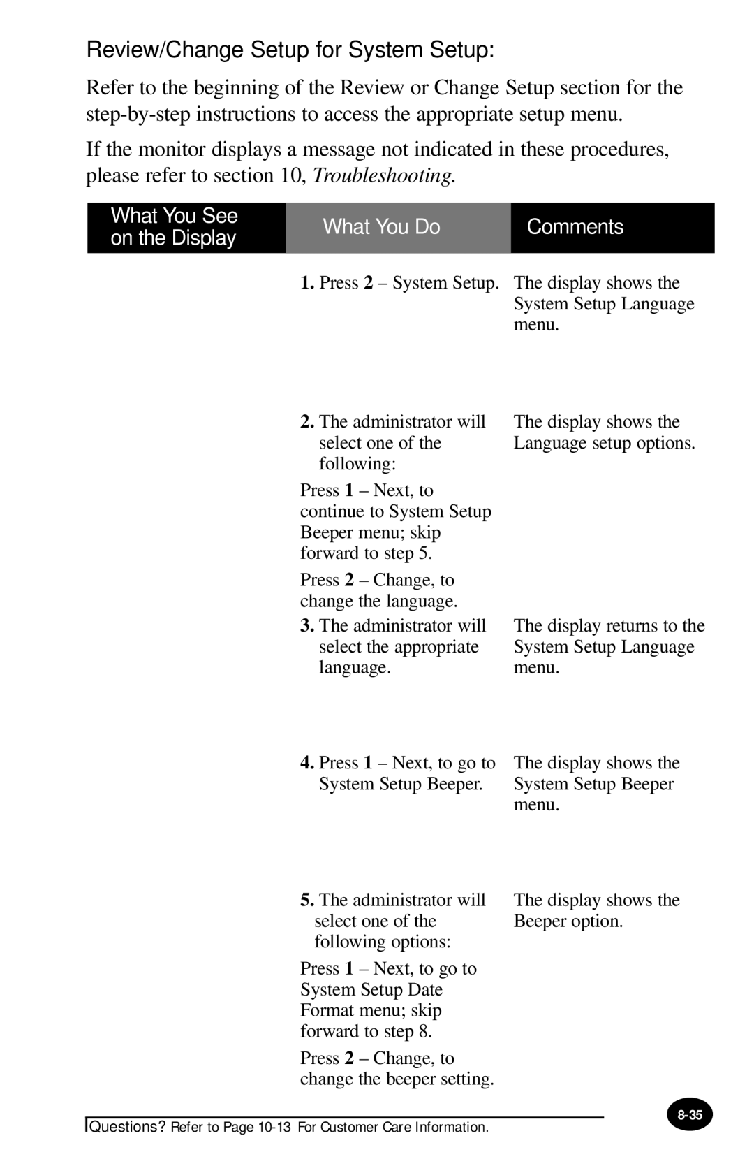 MediSense PCx manual Display shows the System Setup Language menu 