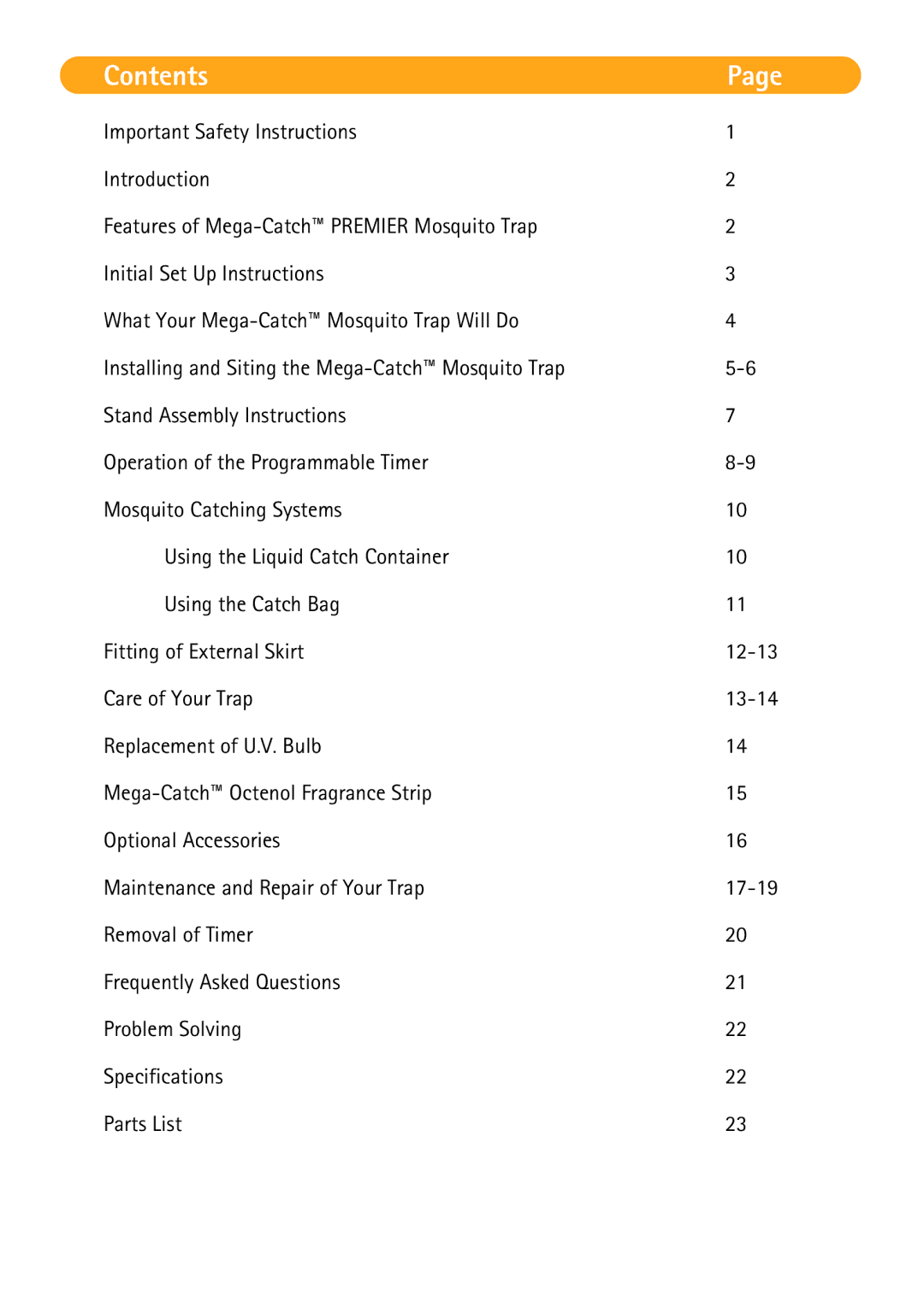 Mega Catch MCP800 operation manual Contents 