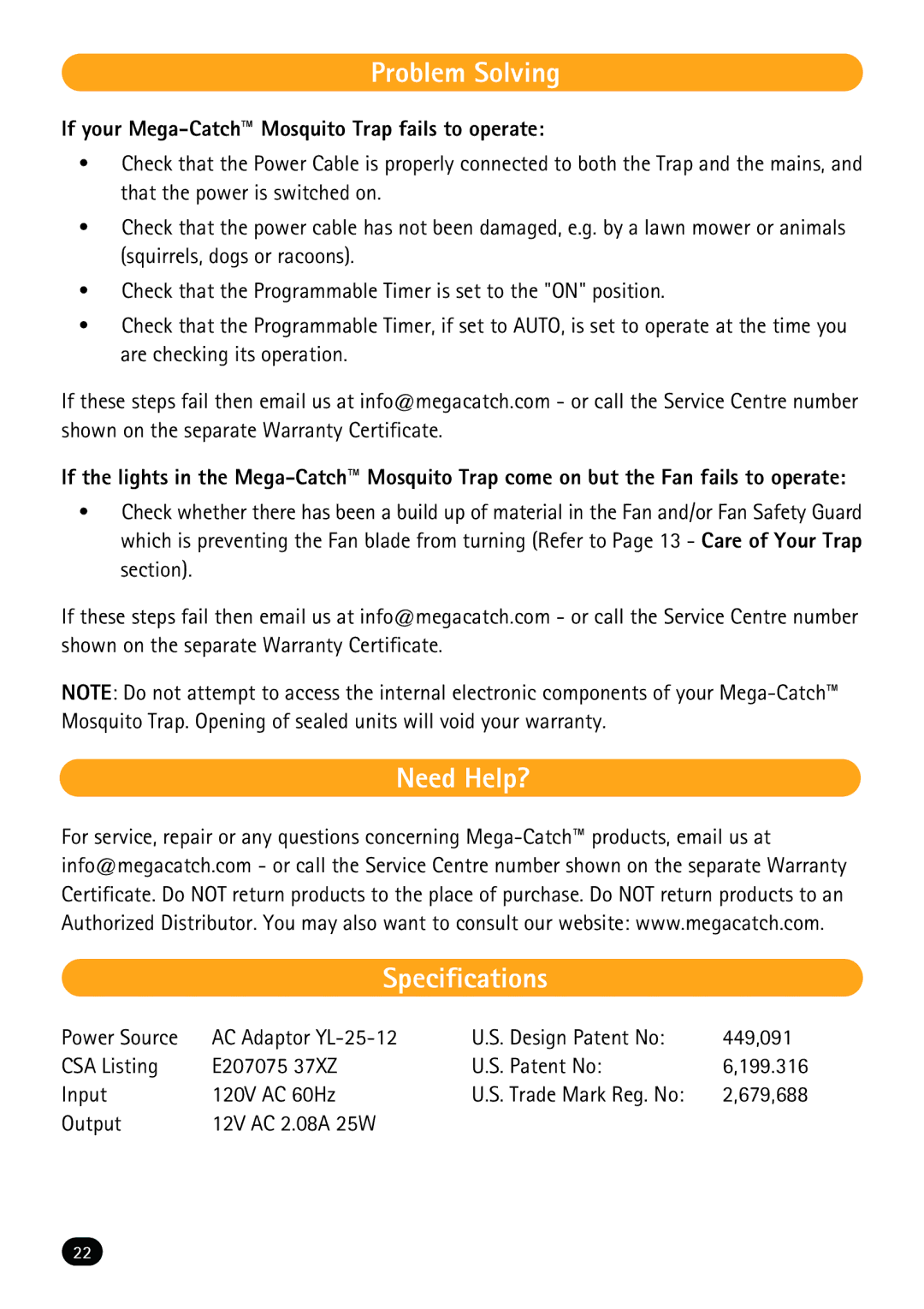 Mega Catch MCP800 Problem Solving, Need Help? Specifications, If your Mega-Catch Mosquito Trap fails to operate 