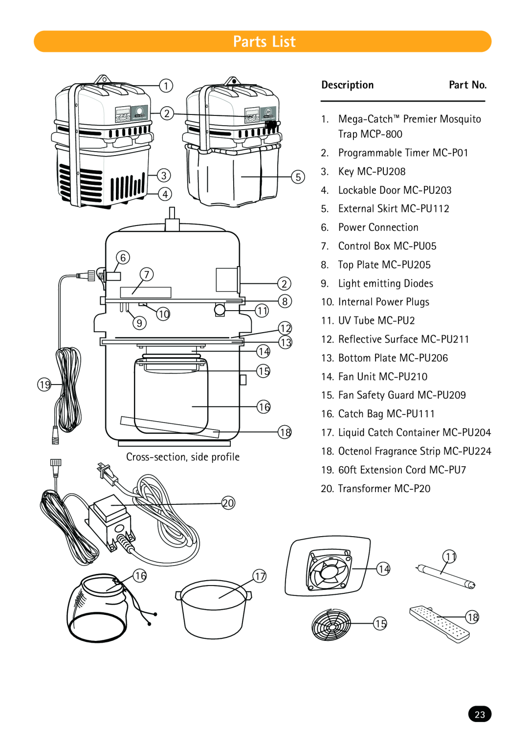 Mega Catch MCP800 operation manual Parts List, Description 
