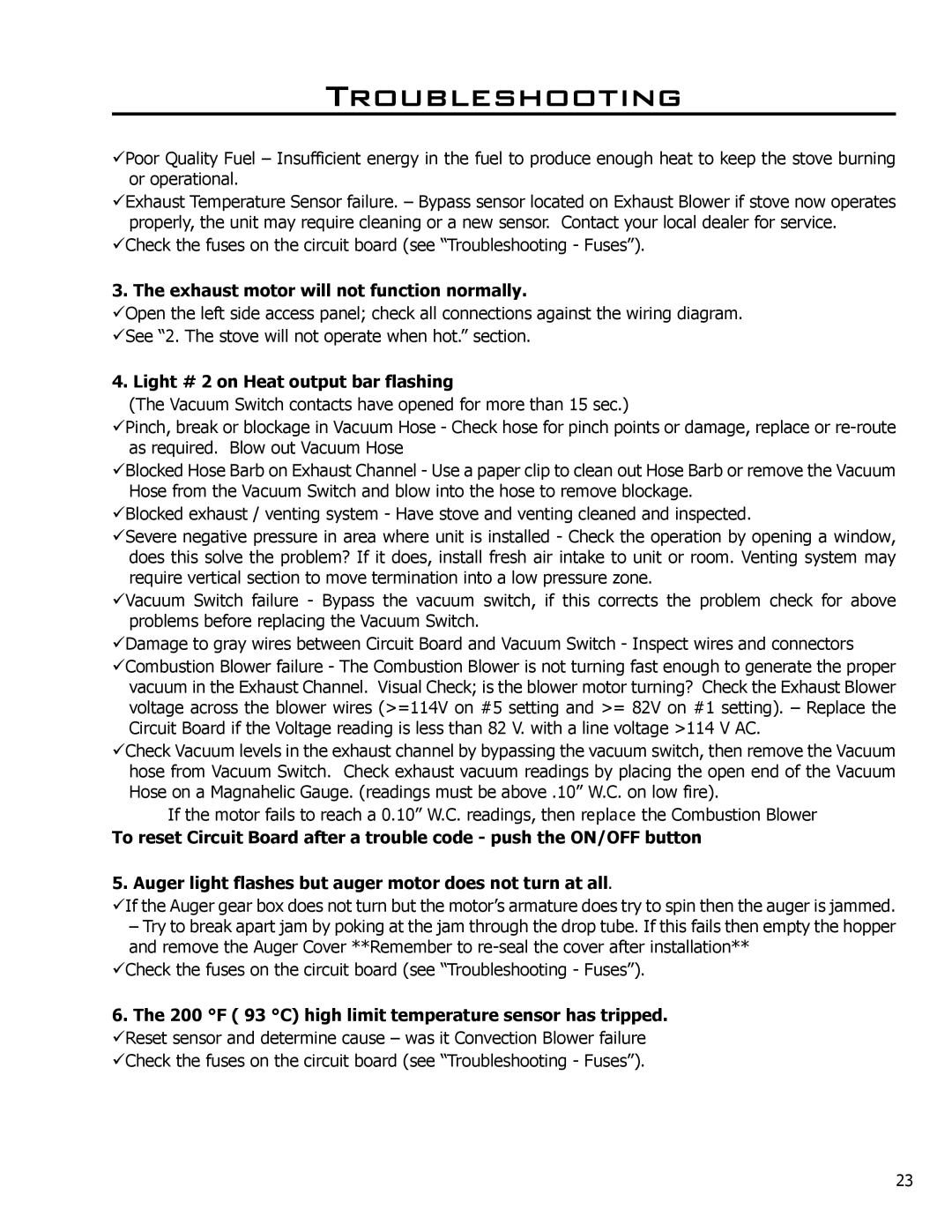 Mega Catch Mini technical manual Exhaust motor will not function normally, Light # 2 on Heat output bar flashing 