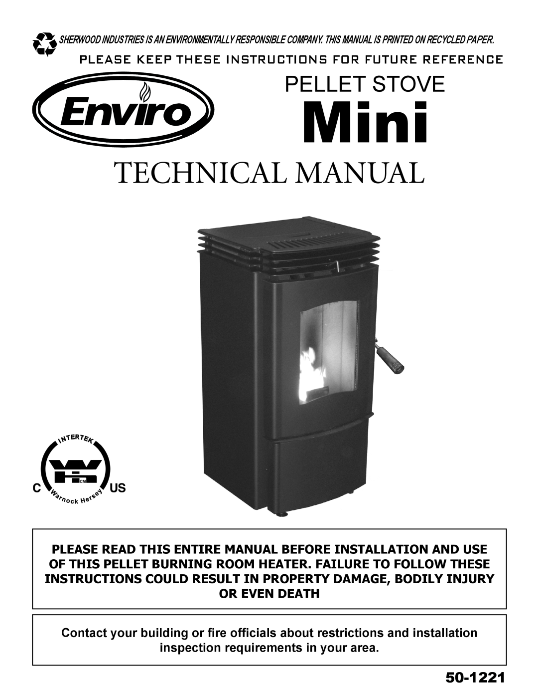 Mega Catch Mini technical manual 50-1221, Technical Manual, Pellet Stove, inspection requirements in your area 