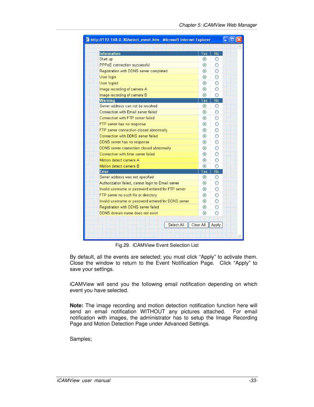 Mega System Tech iCV-02, iCV-01a, iCV-01b, iCV-03 manual ICAMView Event Selection List 