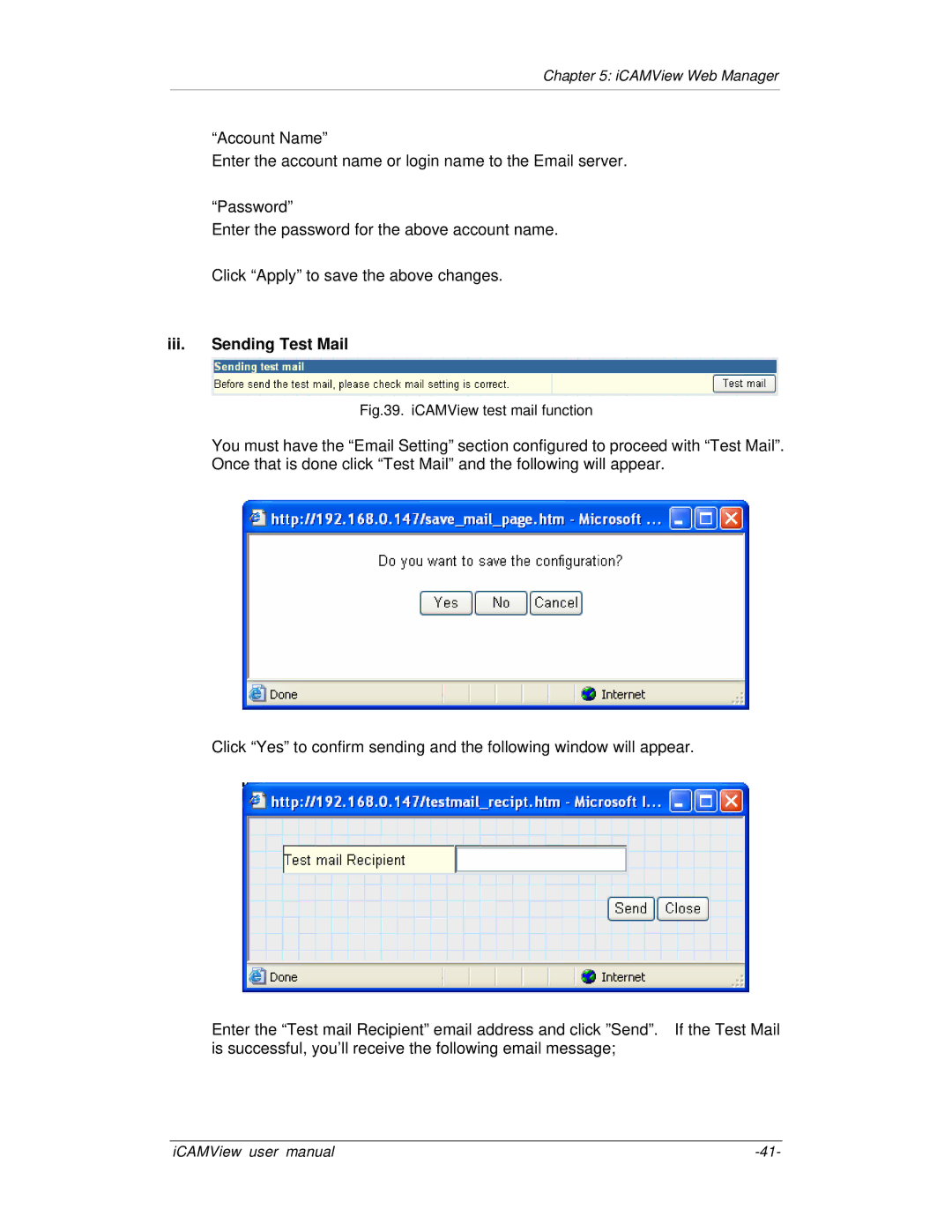 Mega System Tech iCV-02, iCV-01a, iCV-01b, iCV-03 manual Iii. Sending Test Mail, ICAMView test mail function 