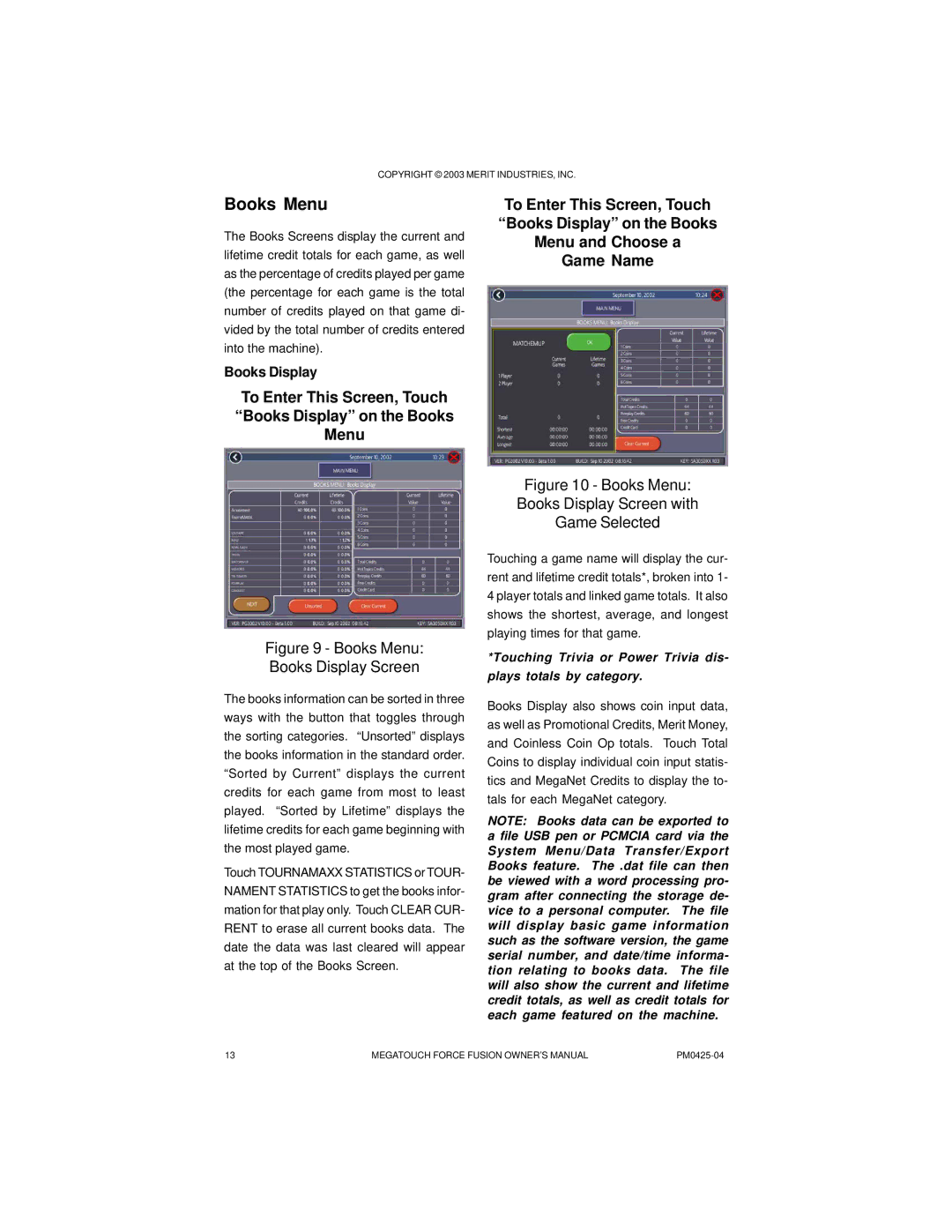 Mega System Tech PM0425-04 manual Books Menu, Books Display 