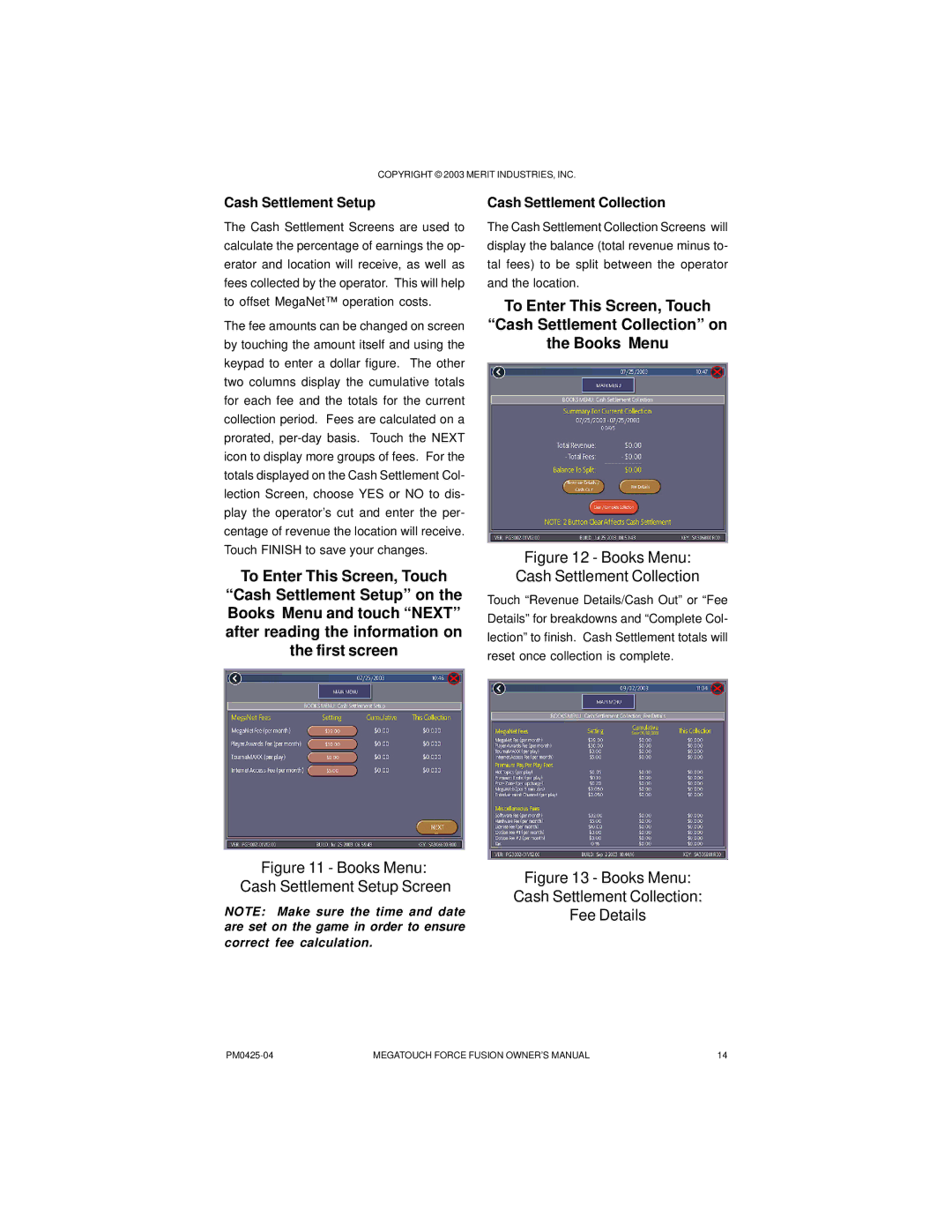 Mega System Tech PM0425-04 manual Cash Settlement Setup, Cash Settlement Collection 