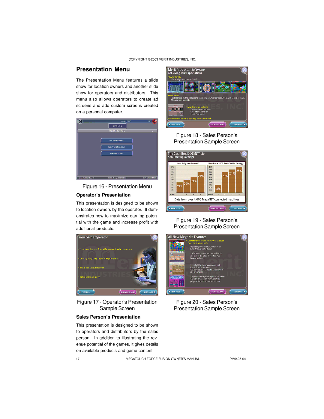 Mega System Tech PM0425-04 manual Presentation Menu, Operator’s Presentation, Sales Person’s Presentation 