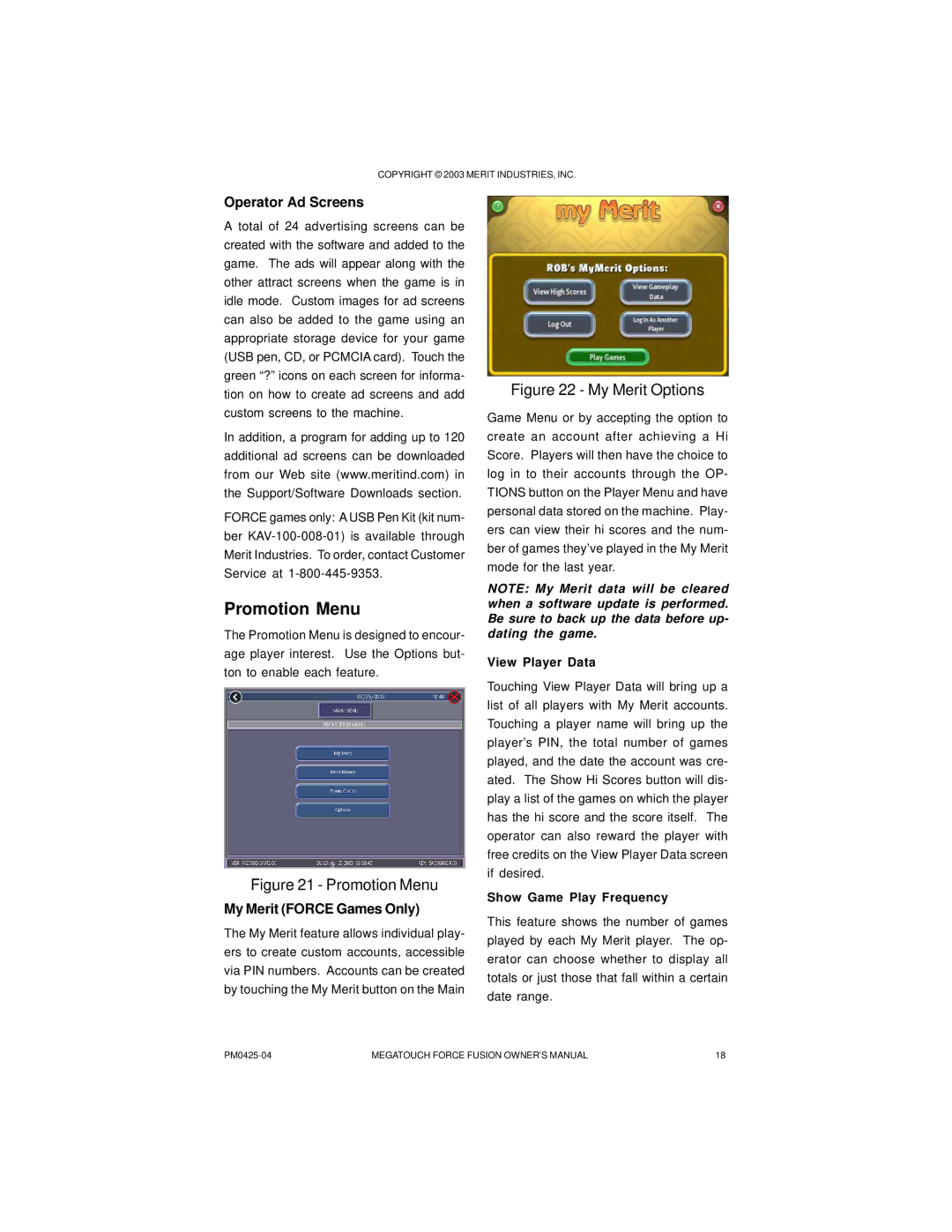 Mega System Tech PM0425-04 manual Promotion Menu, Operator Ad Screens, My Merit Force Games Only, View Player Data 