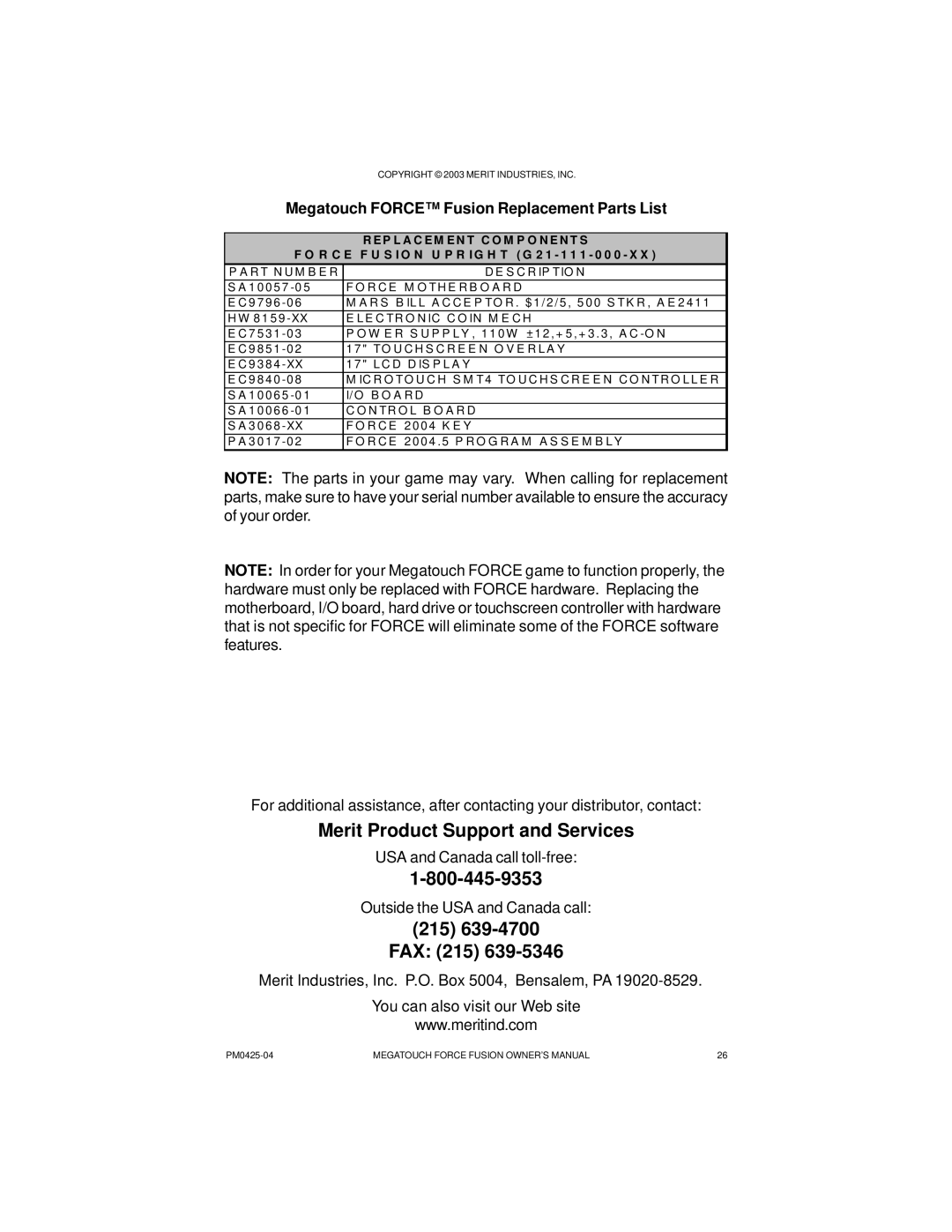 Mega System Tech PM0425-04 manual Megatouch Force Fusion Replacement Parts List, EP L a C EM EN T C O M P O N EN T S 