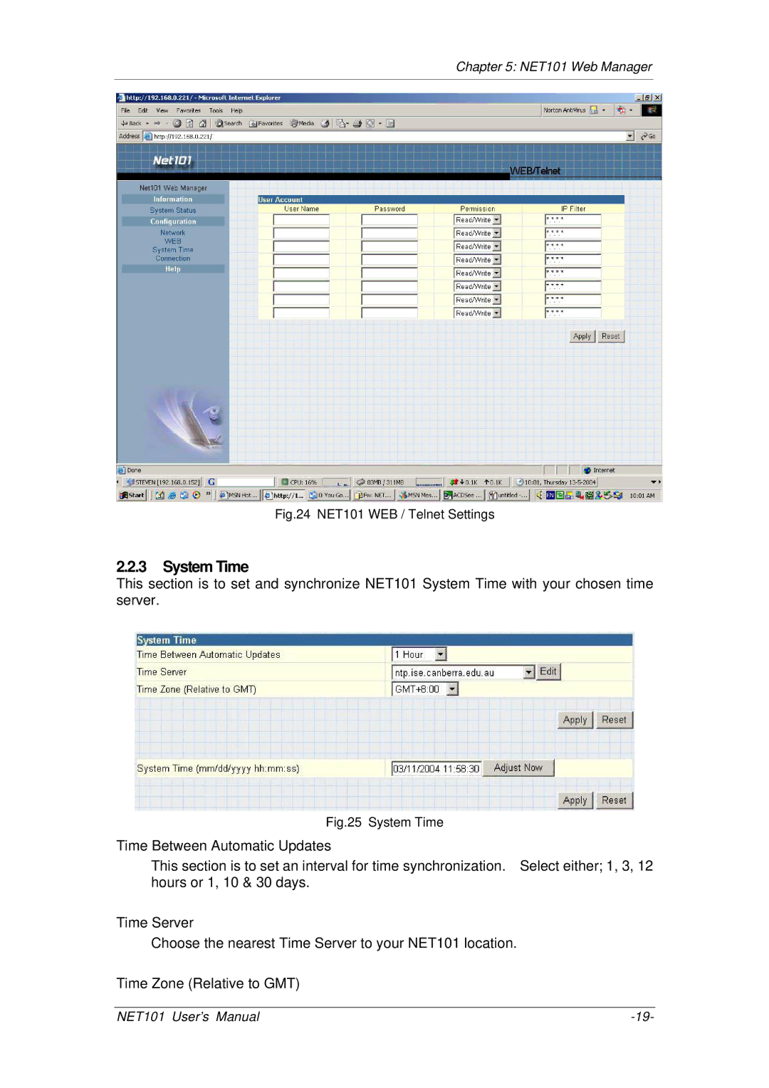 Mega System Tech RS485, RS232, RS422 manual System Time, NET101 WEB / Telnet Settings 