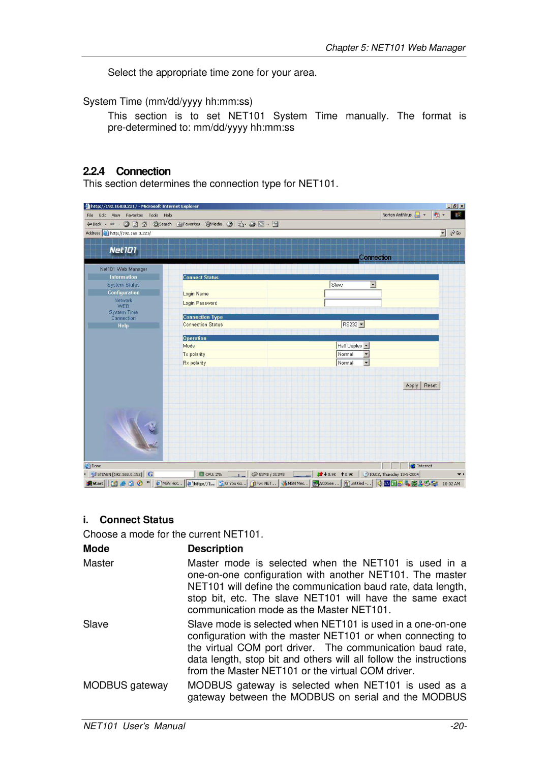 Mega System Tech RS232, RS485, RS422 manual Connection, Connect Status, Mode Description 