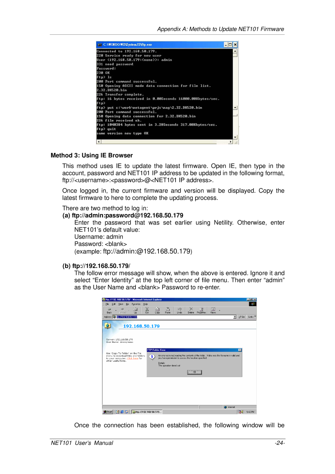 Mega System Tech RS422, RS485, RS232 manual Method 3 Using IE Browser, Ftp//adminpassword@192.168.50.179, Ftp//192.168.50.179 