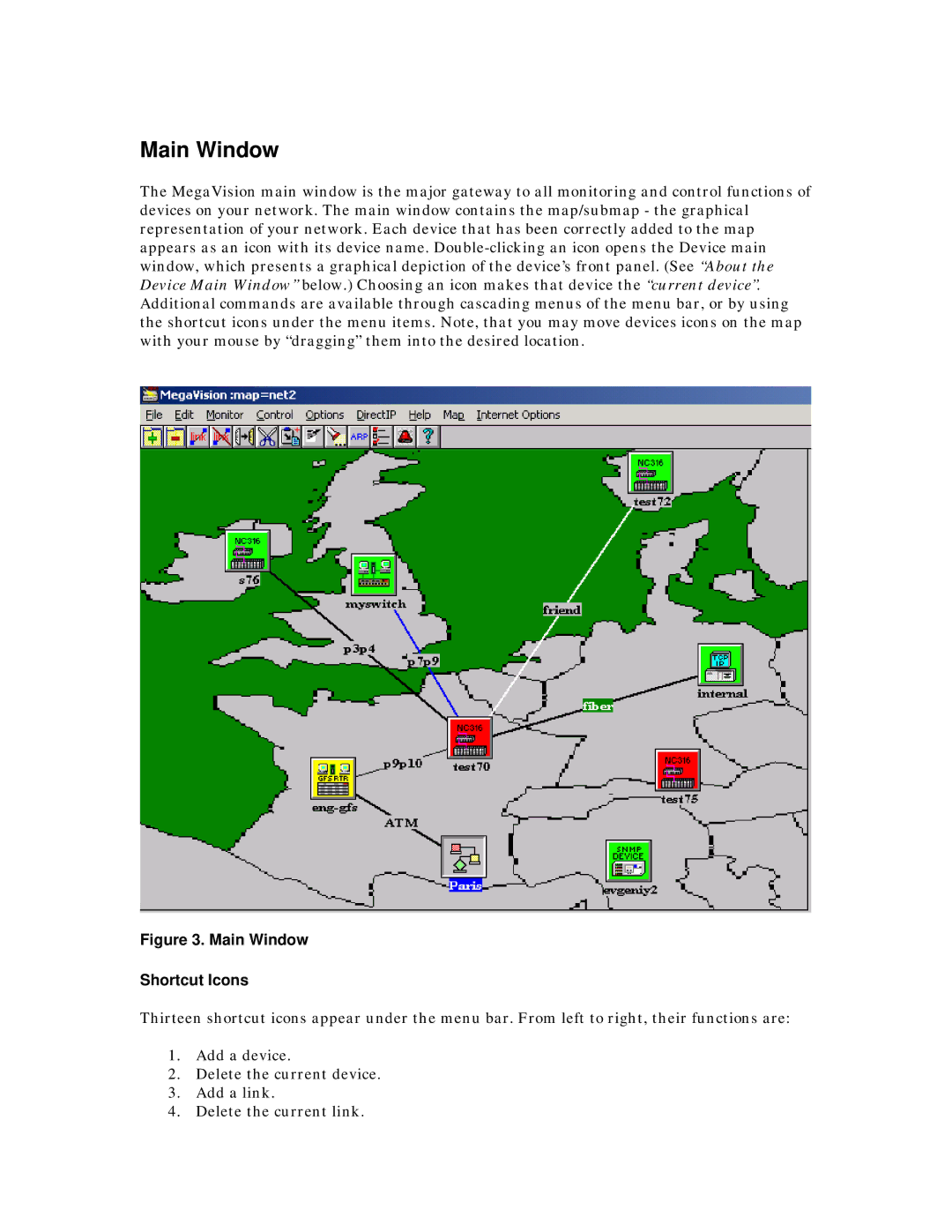 MegaVision Network Management System manual Main Window Shortcut Icons 