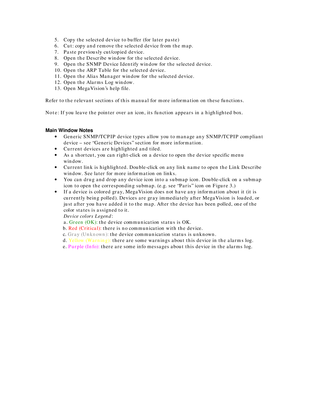 MegaVision Network Management System manual Main Window Notes 