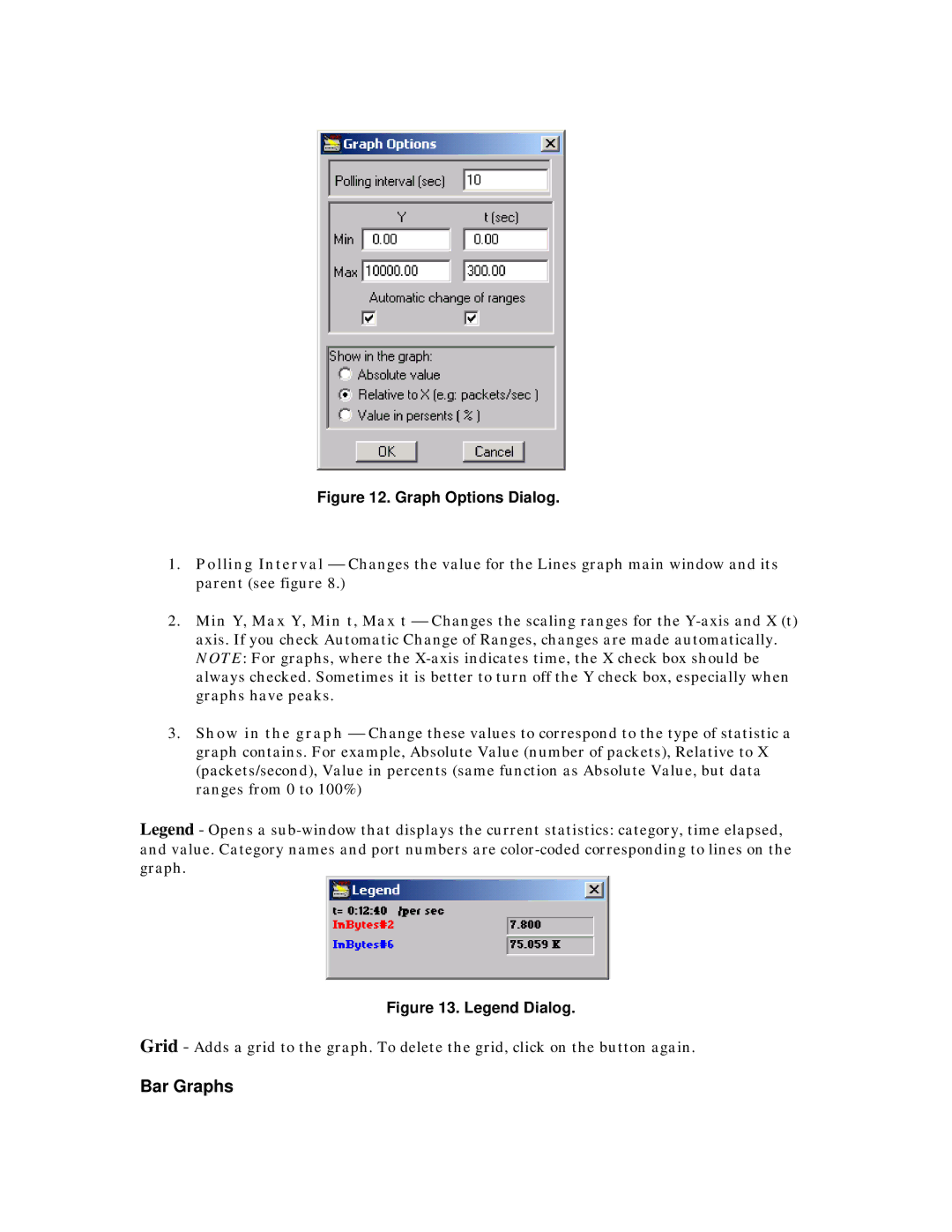 MegaVision Network Management System manual Bar Graphs, Graph Options Dialog 