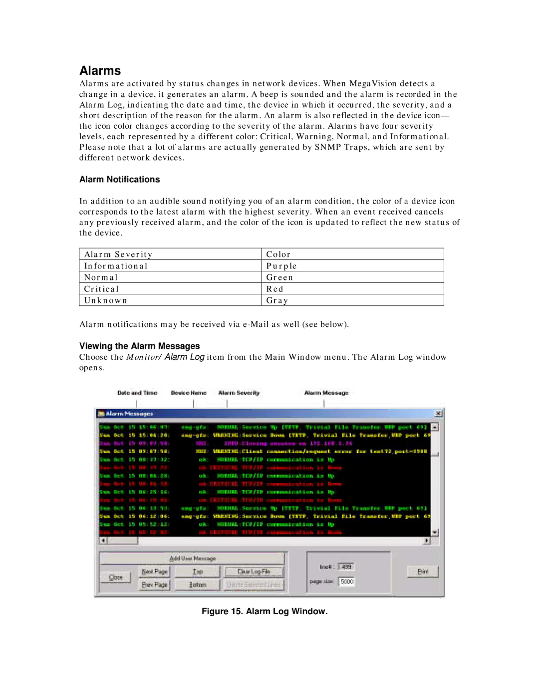 MegaVision Network Management System manual Alarms, Alarm Notifications 