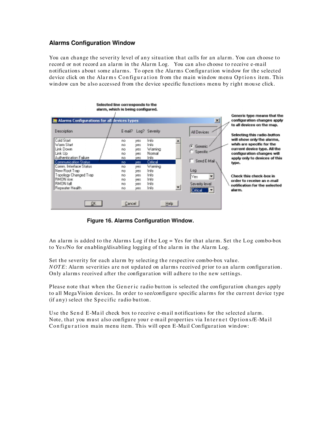 MegaVision Network Management System manual Alarms Configuration Window 